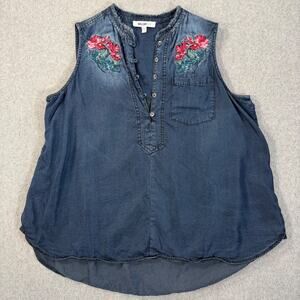 William Rast Denim Sleeveless Top Juniors Small Floral Embroidered Pocket Button